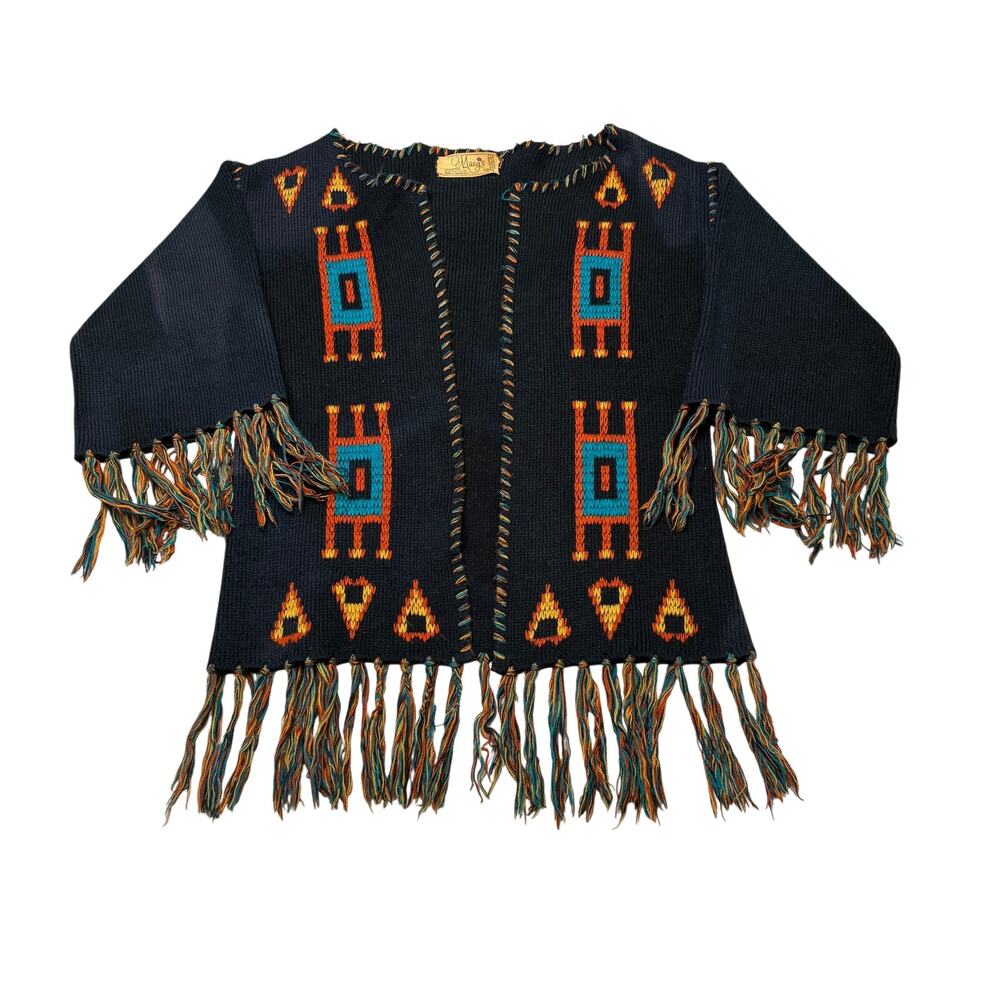 Vintage 60s Macys Fringe Open Cardigan Women's Medium Southwest Boho Faded